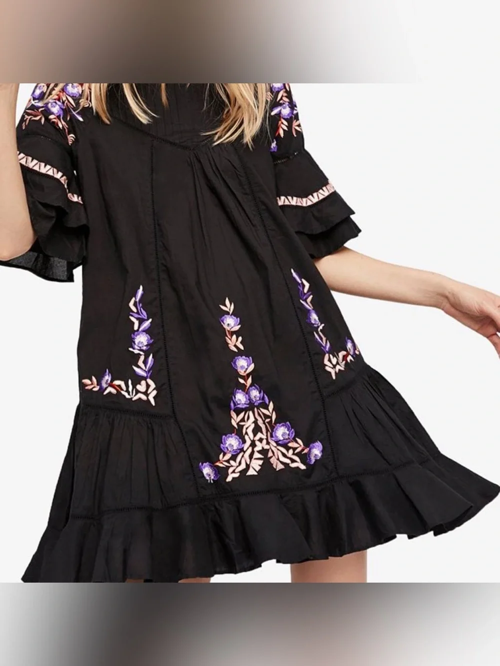 Free People Embroidered Black Mini Dress XS – Fall Boho Floral Back‑to‑School